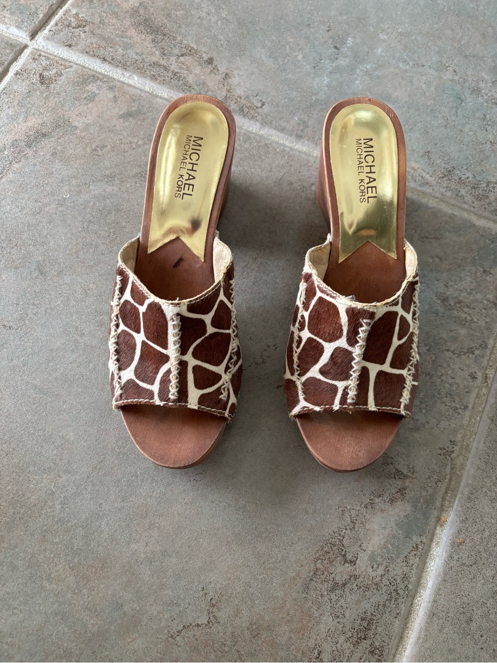 Michael Kors Brown and Cream Giraffe-Print Slide Mules